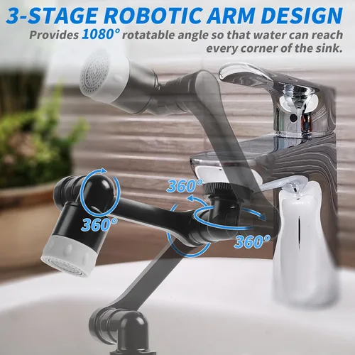 Vista 5 de Extensor de grifo giratorio de 1080° con 2 funciones, extensión de fregadero giratoria resistente, brazo robótico giratorio universal, extensión