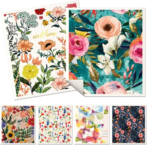 Vista 8 de Miss Adola 6 unidades de paños suecos para cocina - paños reutilizables para lavar platos, toallas de cocina absorbentes, lindas y divertidas, Bohemi