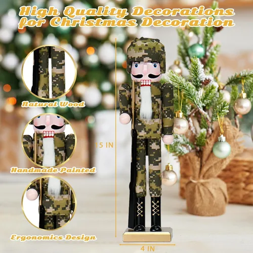 Vista 4 de Soldados Americanos Cascanueces Decoraciones Navideñas - Figuras de Madera Hechas a Mano de 15 Pulgadas con Camuflaje Temática Navideña para Mesa