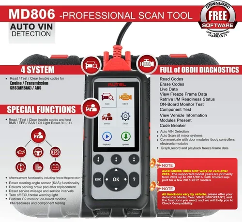 Vista 2 de Autel MaxiDiag MD806 Escáner OBD2, ABS SRS Motor Transmisión 4 Sistemas Herramienta de Diagnóstico, 7 Servicios Especiales como MD808 Pro, Reinicio