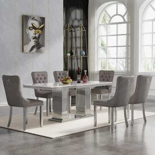 Vista 26 de Juego de mesa de comedor de 5 piezas para 4, mesa de cocina de mármol negro de 68 pulgadas con 4 sillas beige, mesa de comedor rectangular moderna