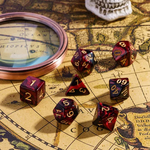 Vista 3 de Juego de dados de 7 dados poliédricos DND rojo mezclado con negro, dados D&D con bolsa de cuero para juegos de rol Mezcla roja negra