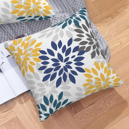 Vista 5 de Fundas de almohada azul marino y amarillo de 18 x 18 pulgadas, color verde azulado y gris, funda de almohada moderna con flores de dalia, 2 piezas