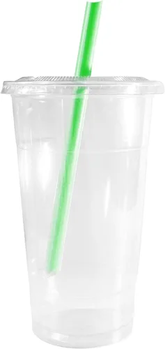 Vista 2 de Vasos desechables de plástico transparente con tapas y popotes para batidos, 500 unidades, 32 onzas (onzas), taza de PET transparente para batidos