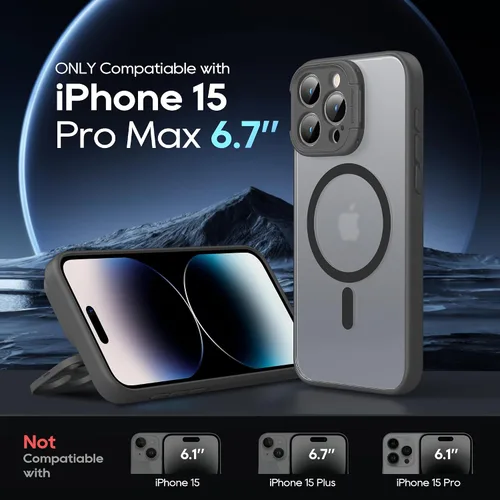Vista 2 de Funda magnética para iPhone 15 Pro Max con soporte, soporte de cámara con protector de pantalla compatible con Magsafe a prueba de golpes