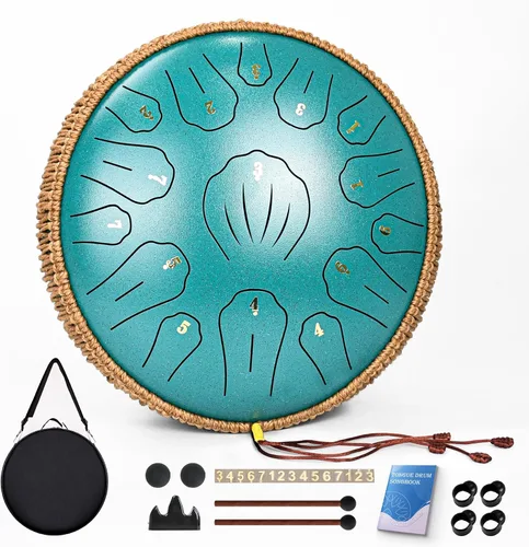 Vista 16 de Tambor de Lengua de Acero - 12 Pulgadas 15 Notas, Tambores de Lengua de Acero para Niños y Adultos, Handpan de Acero con Mazos, Hang Drum con Libro