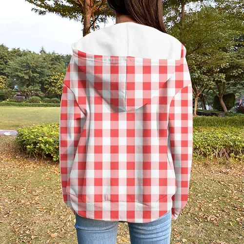 Vista 5 de oelaio Womens Full Zip Up T-shirt,Trendy PlaidStriped Print Hoodie Sweatshirt Jackets Oversized Drawstring Coat,Pockets