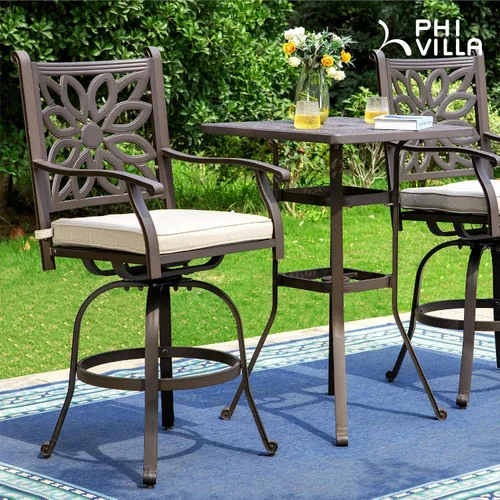 Vista 2 de PHI VILLA Mesas de barra de patio al aire libre de aluminio fundido, superficie esmerilada para exteriores, mesa de bistró de altura de barra Marrón