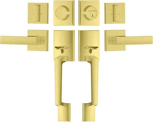 Vista 22 de TICONN Juego de manijas para puerta delantera doble, palanca de puerta cuadrada de servicio pesado y combo de cerrojo de cilindro único para puertas