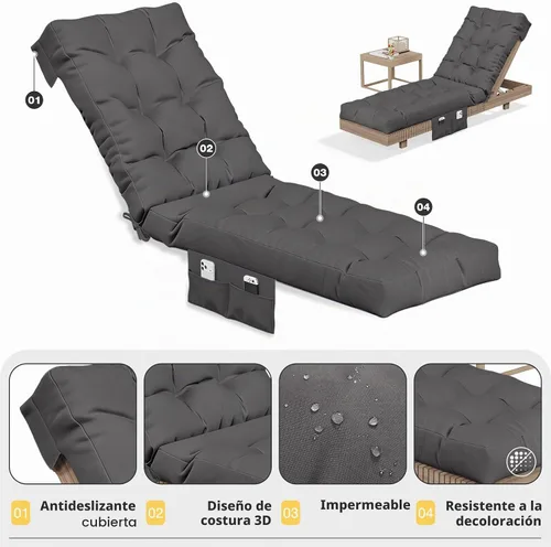 Vista 4 de Aoxun Cojines para tumbona para exteriores con bolsillo de almacenamiento Gris