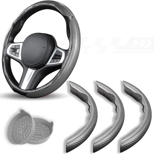 Vista 8 de Funda de volante de fibra de carbono de 3 piezas, protector para volante de automóvil con forro antideslizante, microfibra transpirable universal