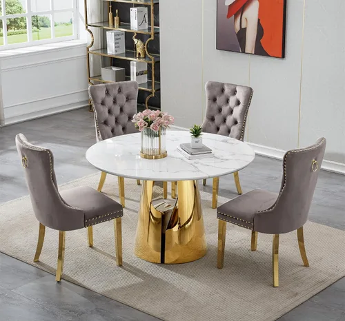 Vista 22 de SSLine Mesa de comedor redonda de mármol sintético blanco para 4-6, mesa de Mesa de oro blanco