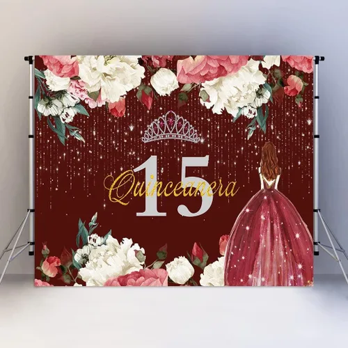 Vista 8 de Telón de fondo de feliz cumpleaños 15 para niña, quinceañera, 5 x 3 pies, corona de flores rojas burdeos, corona, princesa, decoración de fiesta