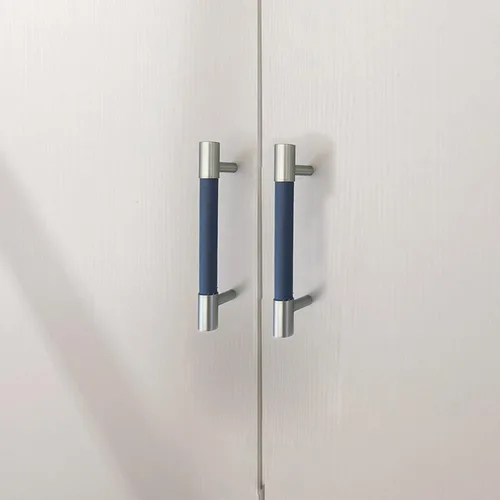 Vista 7 de Tirador de cuero azul de 3.78 pulgadas para armario, pomos de acero cepillado, accesorios modernos para muebles