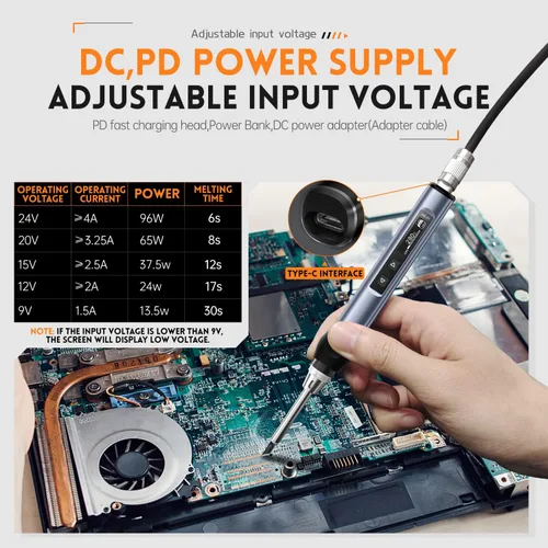 Vista 3 de Kit de soldadura FNIRSI, soldador digital mini DC/PD (96W/65W), calentamiento rápido 180-780℉, 6 puntas de soldadura, pantalla OLED digital
