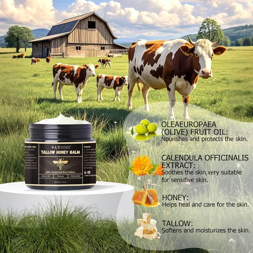 Vista 5 de Sarga de ternera para la piel – Sarga de res para la cara – Hidratante facial – Bálsamo hidratante con miel cruda y cera de abejas – Sarga de res