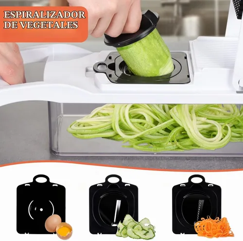 Vista 4 de KEOUKE Cortador de verduras de mandolina pro - Cortador de alimentos con 16 cuchillas intercambiables con recipiente, protector manual y escurridor