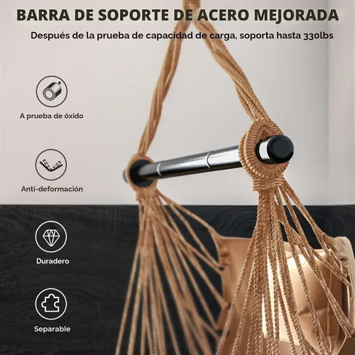 Vista 5 de Giantex Silla colgante hamaca columpio – con barra colgante de acero resistente, cómoda almohada para reposacabezas, 2 cojines, columpio de macramé