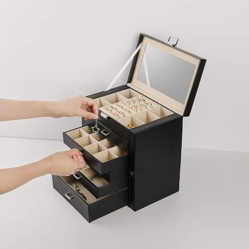 Vista 3 de Frebeauty Joyero grande, organizador de joyas de piel sintética de 6 niveles con cerradura, estuche de almacenamiento multifuncional con espejo