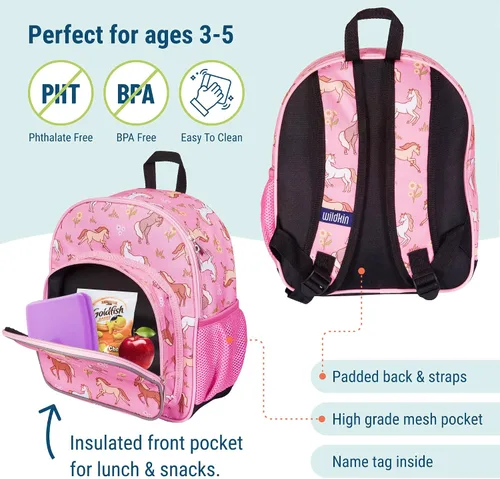 Vista 4 de Wildkin Mochila infantil de 12 pulgadas, acolchada, ajustable, ideal para guardería y viajes, caballos salvajes