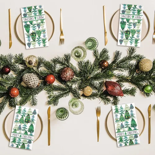 Vista 7 de Servilletas de Navidad para invitados de Navidad, árbol de Navidad, servilletas de papel desechables de 3 capas de acuarela verde para cena