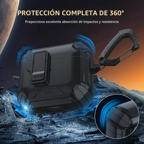 Vista 5 de Meliya Funda para AirPods 4, viene con soporte para teléfono y función MagSafe, funda rígida de protección completa automática emergente con bloqueo