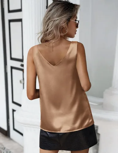 Vista 3 de Zeagoo Camiseta sin mangas de satén de seda para mujer, estilo casual, cuello en V, holgada, sin mangas, básica