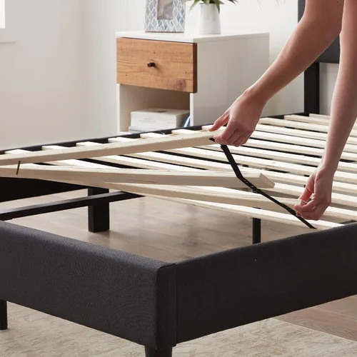 Vista 5 de Lucid - Cama de plataforma tapizada con cabecera de diamante con estructura de madera resistente, no requiere somier, King, carbón