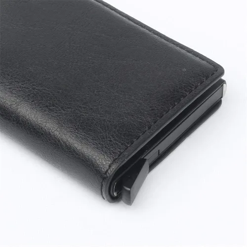 Vista 4 de CHJGLNL Cartera de cuero genuino para hombre bloqueo RFID de aluminio automático para tarjetas de crédito A-Negro Slim