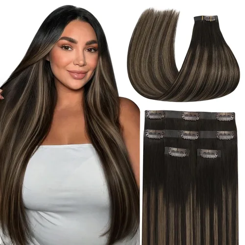 Vista 28 de Full Shine Extensiones de Cabello Rubio con Clip Reflejos Cabello Humano Extensiones con Clip Rubio Ceniza Mezcla Rubio Decolorado PU Extensiones