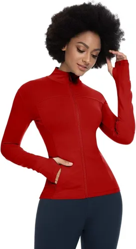 Vista 5 de QUEENIEKE Chaquetas de correr para mujer con cremallera, chaquetas atléticas ajustadas para entrenamiento, gimnasio, yoga, pista, con bolsillos