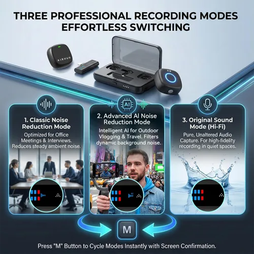 Vista 2 de AIRHUG Micrófono Lavalier inalámbrico para iPhone/Android/PC, batería de 60 horas, 48 KHz 24 bits, relámpago Plug-Play/USB-C, 3 modos de grabación