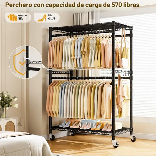 Vista 2 de ULIFHOME P4 Plus Perchero Rodante de Ropa Resistente, Percheros de Ropa para Colgar Ropa, Percheros de Vestir Independientes con Ruedas, Perchero