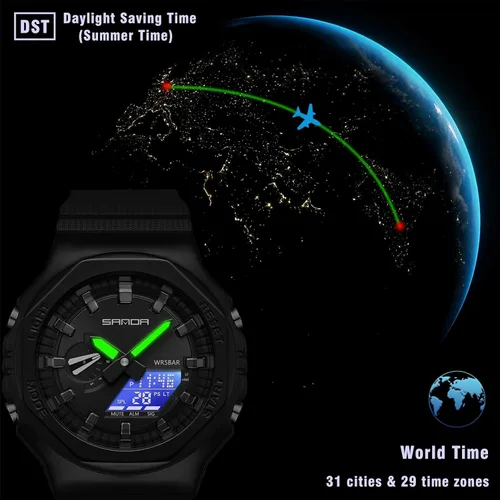 Vista 5 de WINKONMU Reloj para hombre con cubierta de metal, hora mundial 31 ciudades, ahorro de luz diurna, intercambio de ciudad de origenciudad mundial, luz
