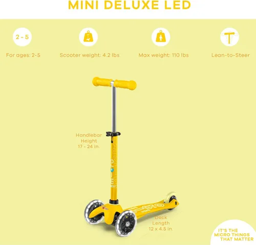 Vista 6 de Micro Kickboard Mini LED Deluxe Tres ruedas Scooter Micro de diseño suizo inclinado para dirigir Ruedas iluminadas activadas por movimiento
