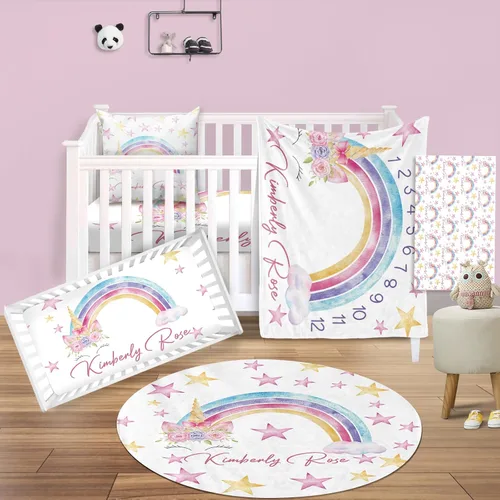 Vista 24 de Juego de ropa de cama para cuna de bebé, 5 piezas, diseño de bolas y arco iris, manta de bebé con nombre personalizado, sábana bajera para cuna