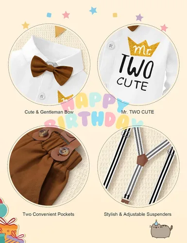 Vista 5 de AGAPENG Traje de primer cumpleaños para niño Mr Onederful First Gentleman Bowtie Mameluco con tirantes y sombrero de corona