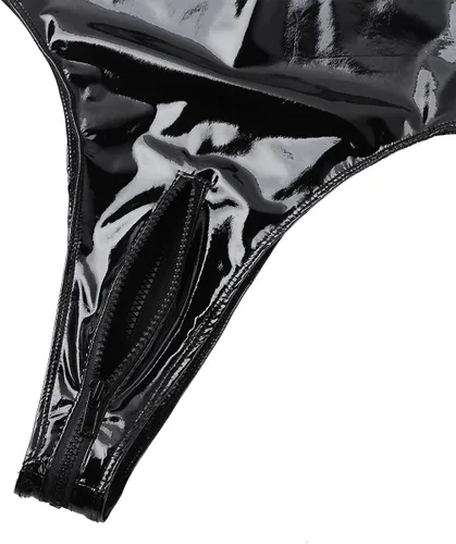 Vista 7 de Haitryli - Maillot de piel de patente sin mangas con cuello halter y cremallera para mujer