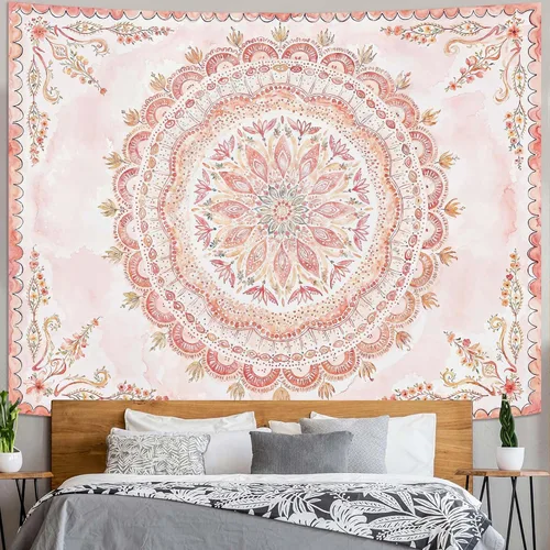 Vista 35 de Fowocu Tapiz bohemio con mandala floral para colgar en la pared, medallón de flores bohemias, tapiz estético, beige, naranja, hippie, indio, pequeño