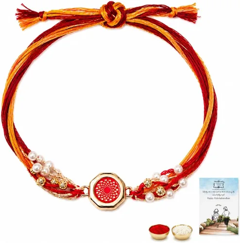 Vista 10 de Rakhi adulto Rakhi para hermano: Rakhi para Bhaiya: combo de mauli Rakhi hecho a mano con tarjeta de felicitación y Roli Chawal: Rakshabandhan