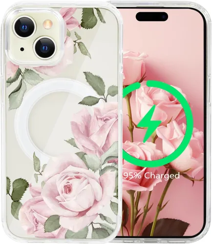 Vista 16 de Funda magnética de flores para iPhone 15 [compatible con MagSafe] Bonito patrón floral transparente a prueba de golpes