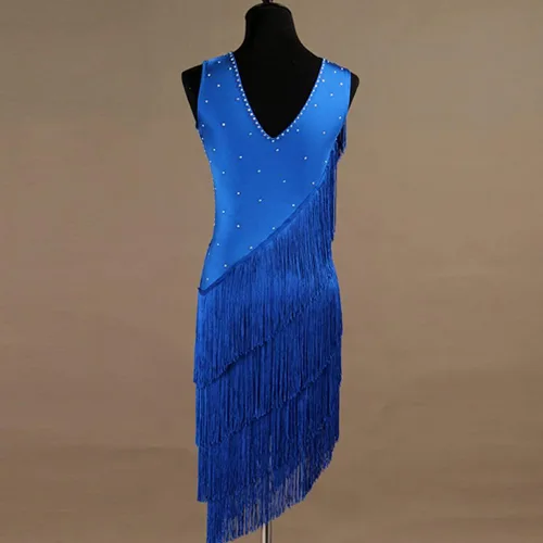 Vista 4 de Vestidos de baile latino con cuello en V para mujer, vestido de competición de salsa con flecos, sin mangas, disfraz de cha cha, para sala de baile