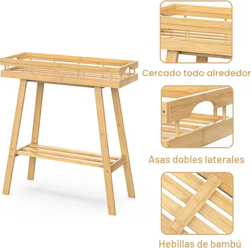 Vista 4 de BAMBANG Soporte de bambú para plantas de interior, mesa pequeña de 2 niveles, soporte alto para plantas de interior, estante para plantas