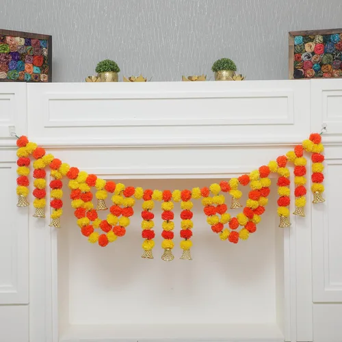 Vista 12 de Toran de lirio de caléndula de 5 pies Toran colgante de puerta Thorans indio Guirnalda de flores artificiales Pooja Mandir, puerta, decoración