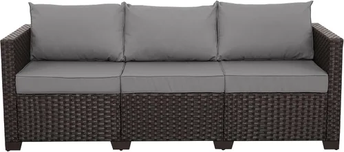 Vista 13 de Rattan Star Muebles de exterior, sofá de 3 plazas, sofá de mimbre marrón para exteriores, asiento profundo, respaldo alto, sofá de patio con cojines