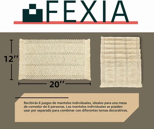 Vista 2 de Juego de 6 manteles individuales bohemios, decoración de mesa de macramé y manteles individuales estilo casa de campo de arpillera de algodón Beige