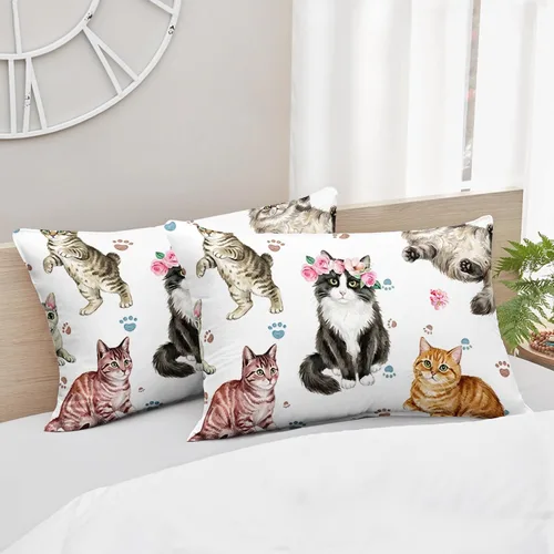 Vista 7 de AILONEN Juego de ropa de cama con estampado de gato en acuarela, tamaño individual con gatos y huellas para niños y niñas, juego de edredón suave