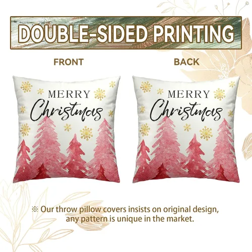 Vista 6 de Juego de 2 fundas de almohada de Navidad rosa con diseño de copos de nieve de Navidad con cremallera oculta, funda de cojín decorativa para sofá
