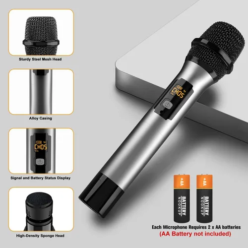 Vista 6 de VeGue Micrófono Inalámbrico, Juego de Micrófono UHF Dinámico de Mano Dual Inalámbrico con Receptor Recargable, para Karaoke, Fiesta, Amplificador
