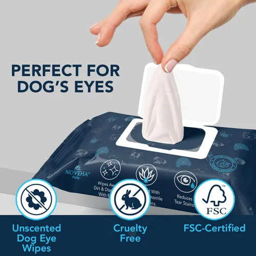 Vista 6 de NOVEHA 100 toallitas para ojos de perro, removedor de manchas de lágrimas para perros, formuladas con manzanilla y aloe para eliminar desechos